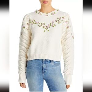 LoveShackFancy Women's Ivory Wool-Blend Kenzly Embroidered Sweater Size Small